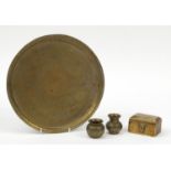 Brassware including a Cairo ware trinket, two miniature vases and a circular tray, 30cm in