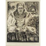 Elderly lady holding a wheat sheaf, German school woodblock print, bearing an indistinct