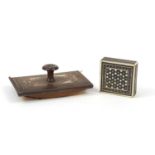 Victorian rosewood ink blotter with mother of pearl and brass inlay together with vizagapatam box,