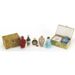 Five Oriental snuff bottles and one other including an one internally hand painted with river