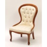 Mahogany framed bedroom chair with cream striped button upholstery, 91cm high :For Further Condition