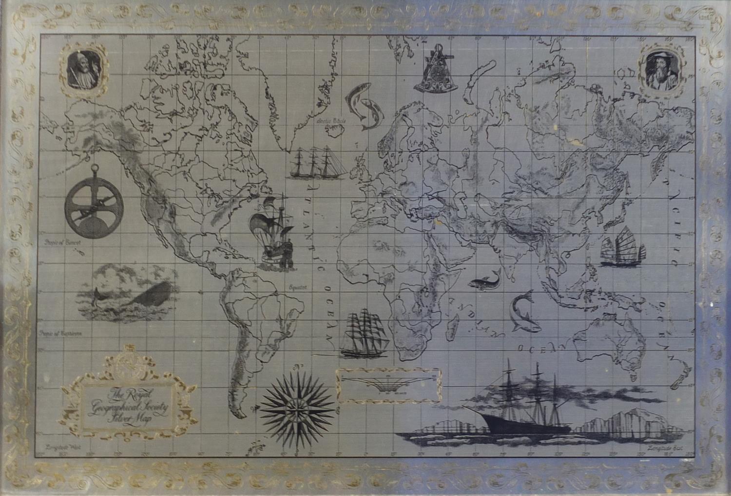 Royal Geographical Society silver map decorated with 24ct gold, with certificate, London 1977,