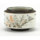 Chinese porcelain brush pot hand painted with figures in a river landscape, with seal marks, 9cm