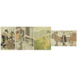 Four Japanese pictures, three with details verso, framed, the largest 30cm x 19cm :For Further