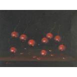 Still life cherries, oil on canvas, bearing a signature K Myle, mounted and framed, 39.5cm x 29cm :