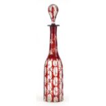 Bohemian red flashed cut glass decanter etched with vines, 39.5cm high :For Further Condition