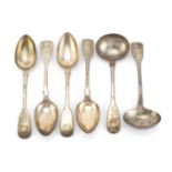Set of four Georgian silver spoons and pair of Georgian silver ladles, the spoons by Mary Chawner,