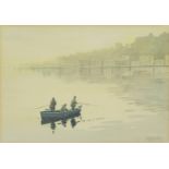 F Harry - Fishermen in a boat, signed watercolour, mounted and framed, 24cm x 17cm :For Further