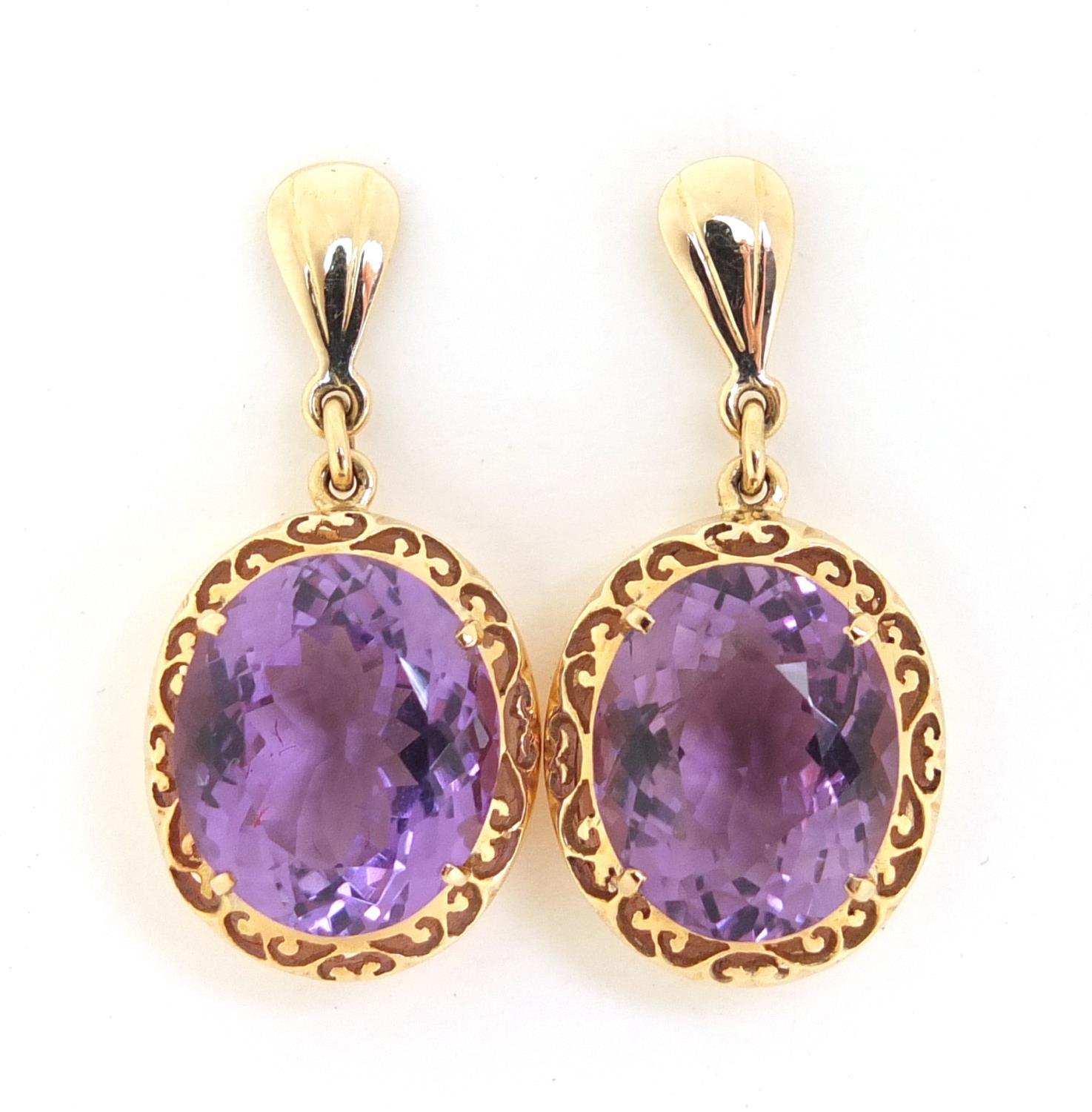 Pair of unmarked gold amethyst earrings, 3.2cm in length, 8.4g :For Further Condition Reports Please - Image 2 of 7