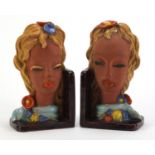 Pair of continental Art Deco pottery head design book ends, each 19.5cm high :For Further