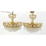Pair of Palwa brass ornate brass four tier chandeliers with cut glass drops, each 35cm in