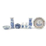 Chinese ceramics including a plate hand painted with figures riding fish and ducks, two blue and