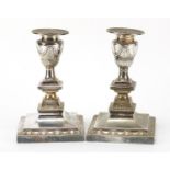 Pair of Adams style silver plated square base candlesticks by Hawksworth Eyre & Co, Sheffield,