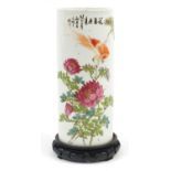 Chinese porcelain sleeve vase, hand painted in famille rose palette with a bird of Paradise