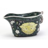 Chinese porcelain sauce boat with dragon design handle, hand painted in the famille verte palette