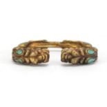 Tibetan gilt metal dragon bracelet set with coral and turquoise, 8cm wide :For Further Condition