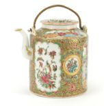 Chinese Canton porcelain teapot, finely hand painted in the famille rose palette with figures, birds
