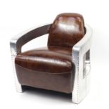 Aviation club chair with brown leather upholstery, 77cm high :For Further Condition Reports Please