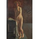 Nude female standing by a table, early 20th century English school, oil on canvas, framed, 90.5cm