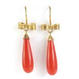 Pair of 18ct gold coral teardrop earrings, 4cm in length, 3.9g :For Further Condition Reports Please