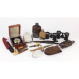 Objects including binoculars, hip flasks, Japanese opium pipe and and glove stretchers :For