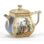 Continental porcelain teapot hand painted with panels of lovers, factory marks to the base, 8.5cm