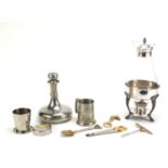 Silverplate including novelty corkscrews, bottle openers, Tudor Sheffield Rose pewter decanter and
