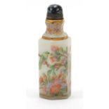 Chinese glass scent bottle hand painted with birds of paradise amongst flowers, 9.5cm high :For