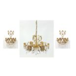 Ornate Palwa brass chandelier with cut glass drops and a pair of three tier wall sconces, the