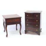 Bow front inlaid mahogany four drawer chest and occasional table with frieze drawer the largest 70cm