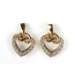 Pair of 9ct gold diamond love heart earrings, 1.8cm high, 3.5g :For Further Condition Reports Please