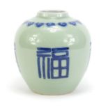 Chinese porcelain celadon glazed ginger jar, hand painted with ruyi heads and good luck symbols,