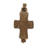 Silver coloured metal Byzantine design cross relic, engraved with religious icons, 5.5cm in