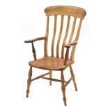 Beech and elm slat back open armchair, 110cm high :For Further Condition Reports Please Visit Our