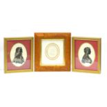 Three classical miniatures comprising oval plaster cameo and two oval silhouettes, each framed,