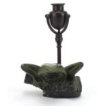 Patinated bronze frog design candlestick, 22cm :For Further Condition Reports Please Visit Our