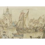 Anton Pieck - Townscape, pencil and crayon, mounted and framed, 25cm x 18cm :For Further Condition