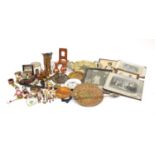 Miscellaneous items including Art Deco mirrored photo frames, brass miniatures and Islamic tray :For