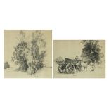 Phyllis M Legge - Work horse and landscape, two pencil signed black and white etchings, mounted