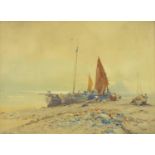 Oswald Garside - Moored fishing boats, watercolour, mounted and framed, 45.5cm x 33cm :For Further