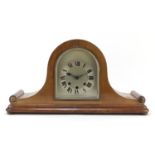 Mahogany Napoleon hat shaped Westminster chiming mantel clock with silvered dial and Roman numerals,