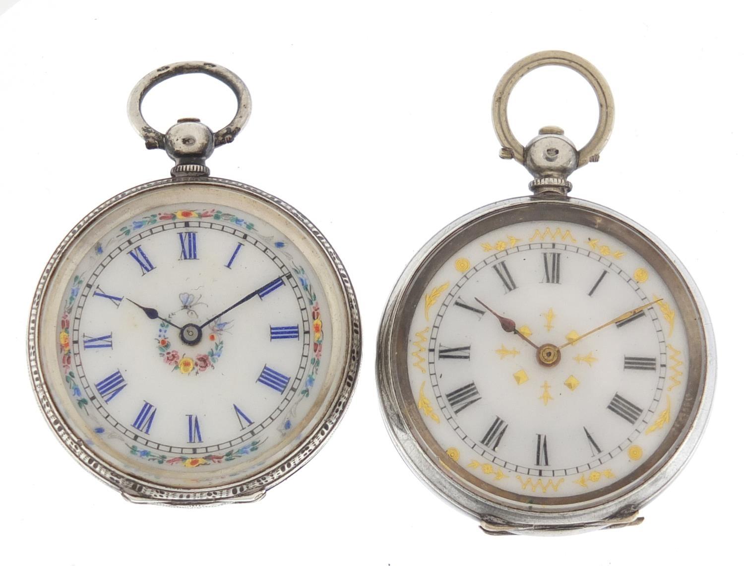 Two ladies silver open face pocket watches with ornate enamelled dials, each 35mm in diameter