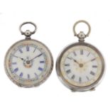 Two ladies silver open face pocket watches with ornate enamelled dials, each 35mm in diameter