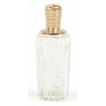Dutch cut glass scent bottle with 14K gold mounts engraved with flowers, impressed oak leaf to the