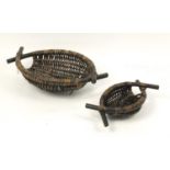Two bamboo and wicker hanging baskets, the largest 80cm wide :For Further Condition Reports Please