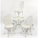 Painted aluminium garden table and five chairs, the table 68cm high x 80cm in diameter :For