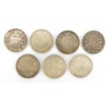 Seven William IV and later East India Company one rupees comprising dates, 1835, 1840, 1940, 1874,