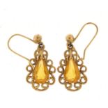 Pair of 9ct gold citrine teardrop earrings, 3cm in length, 2.4g :For Further Condition Reports