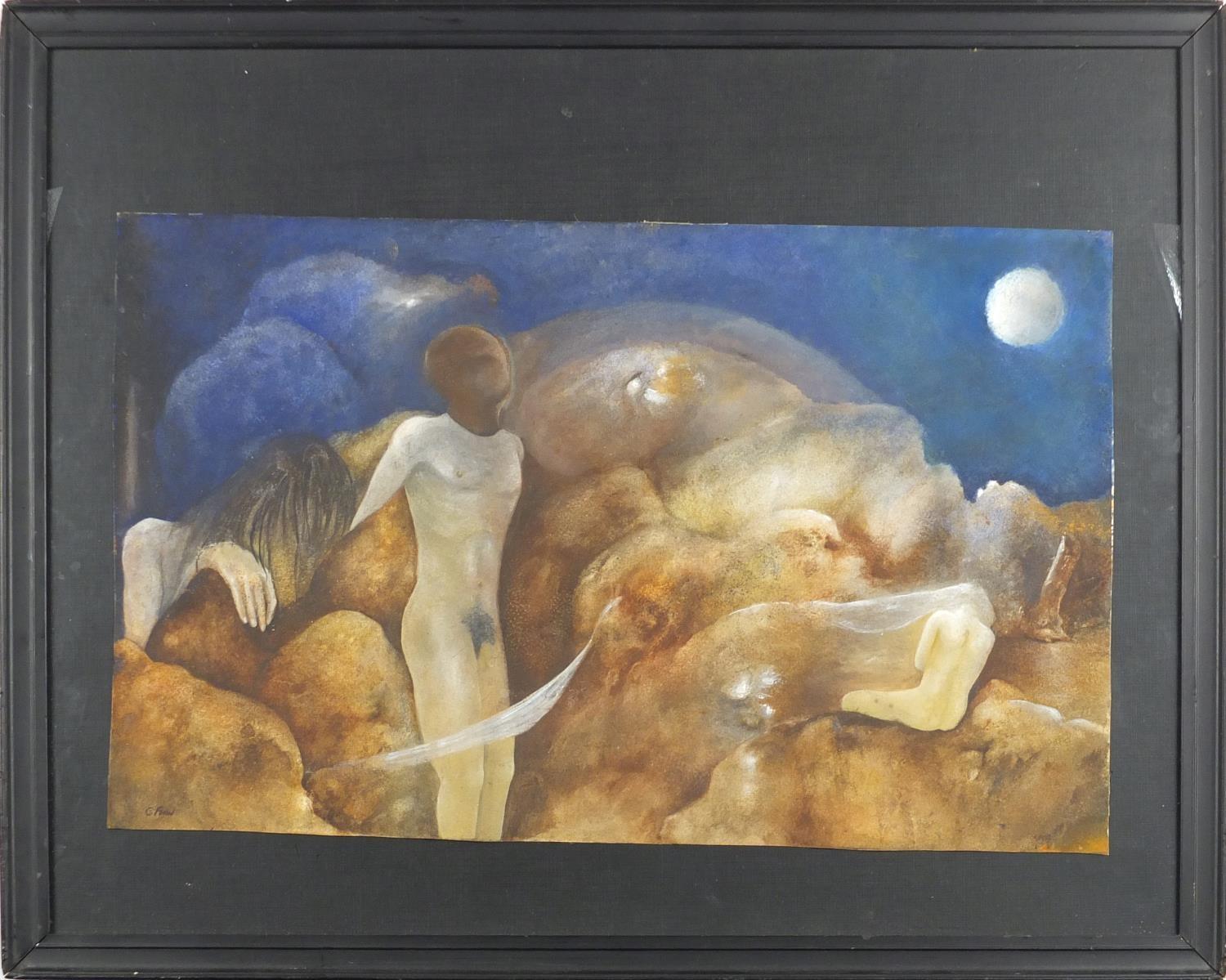 C Finn - Surreal figures, watercolour, framed, 52cm x 32.5cm :For Further Condition Reports Please - Image 2 of 4
