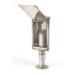 19th century silver plated campaign candle lamp with adjustable cover and vesta, 18.5cm high :For